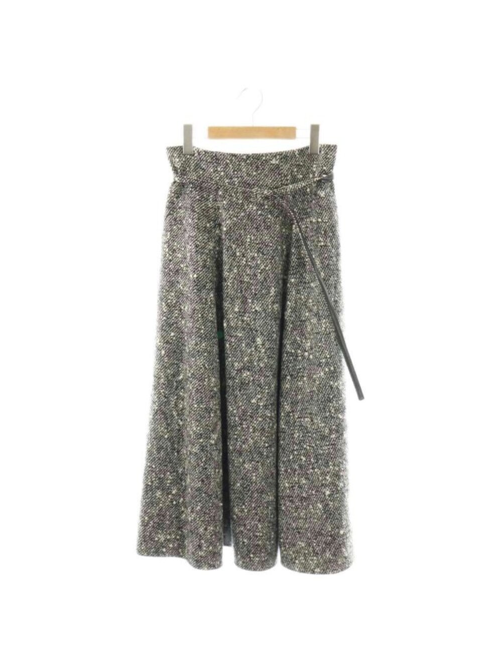 Dior Tweed Long Skirt Flared Wool with Belt Black Gray 38